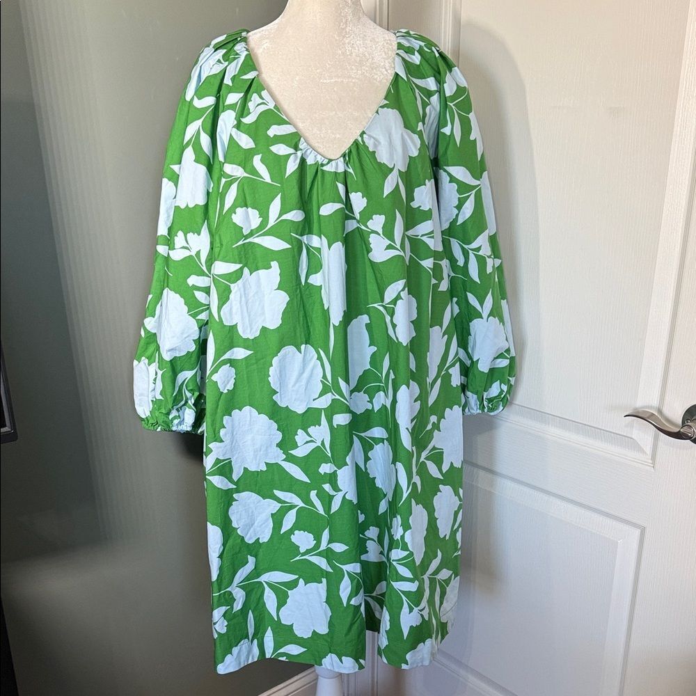 Kate Spade Floral Dress Green Cotton V Neck Balloon Sleeve XXL Plus